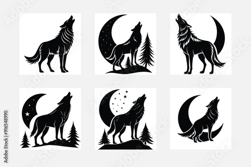 Minimal wolf silhouette on white background artwork set for chic decor
