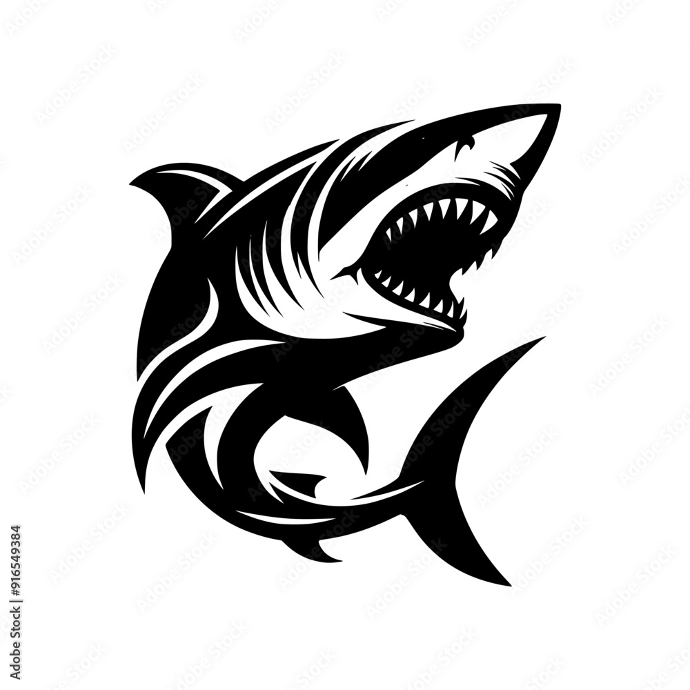 Obraz premium The shark logo is ideal for Clothing or Surfing Gear Brands, Sports Teams, Marine Conservation Organizations, Sea Tourism Companies, Energy Drink or Health Supplement Brands, Gaming