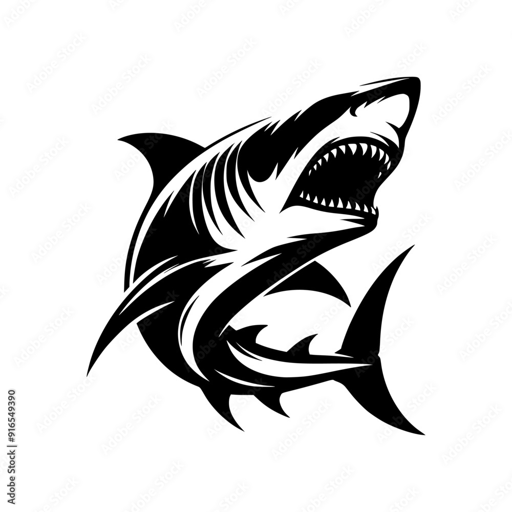 Obraz premium The shark logo is ideal for Clothing or Surfing Gear Brands, Sports Teams, Marine Conservation Organizations, Sea Tourism Companies, Energy Drink or Health Supplement Brands, Gaming