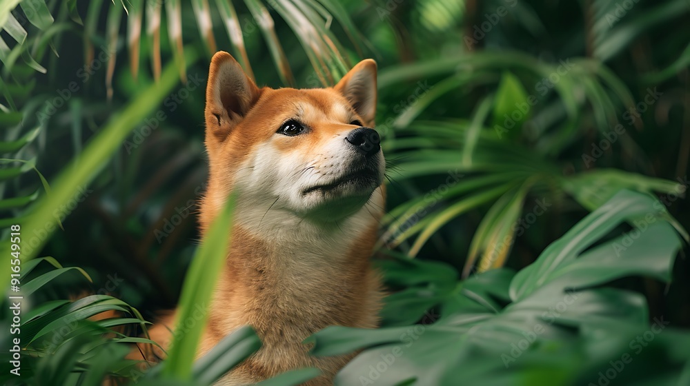 Obraz premium A Shiba Inu with an abstract jungle background, lush greens and vibrant foliage, creating a wild and exotic atmosphere, hd quality, natural look. --ar 16:9 --v 6.0 --s 250 --style raw