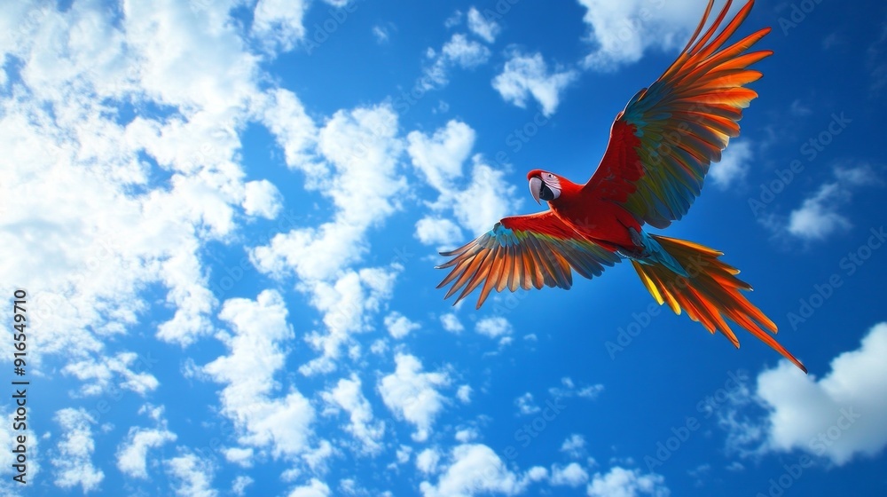 Fototapeta premium flying macaw parrot under blue sky and bright sun