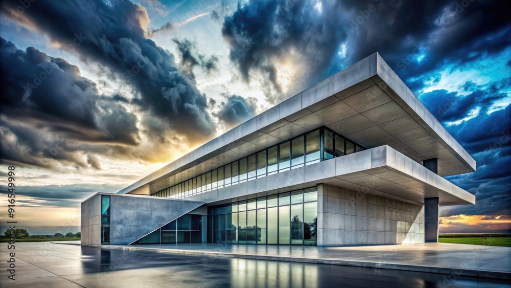 Modern futuristic concrete building with dramatic sky, futuristic, architecture, modern, building Modern futuristic concrete building with dramatic sky, futuristic, architecture, modern, building