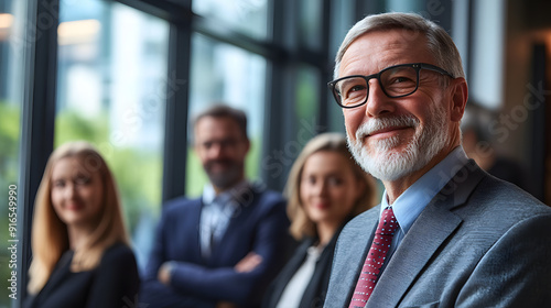 Smiling senior businessman with a diverse team in a corporate setting.