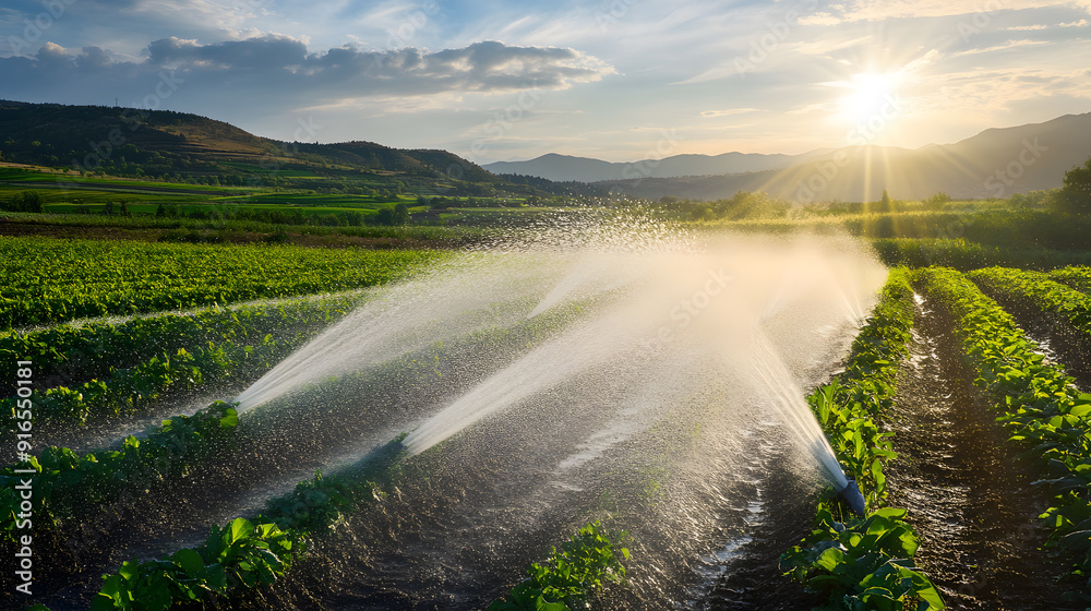 Agricultural field being irrigated at sunset, with green crops and hills.. Agricultural field being irrigated at sunset, with green crops and hills..