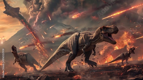Fototapeta Naklejka Na Ścianę i Meble -  illustration of the extinction of dinosaurs in pre-history, meteors, natural disasters, destruction
