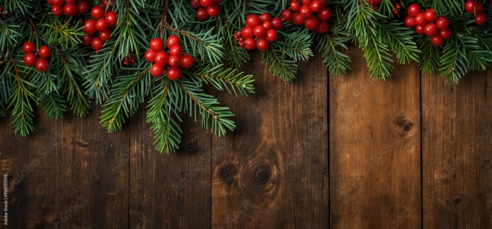 Christmas Evergreen Branches and Berries Over Rustic Wood Background Christmas Evergreen Branches and Berries Over Rustic Wood Background