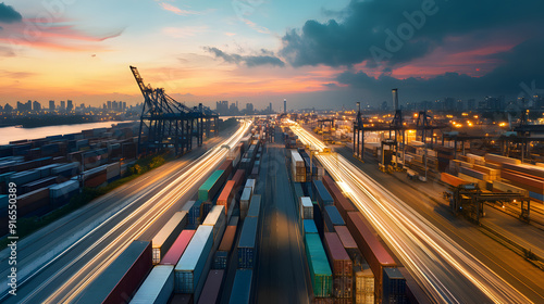 Bustling port at sunset with light trails and city skyline in the background.
