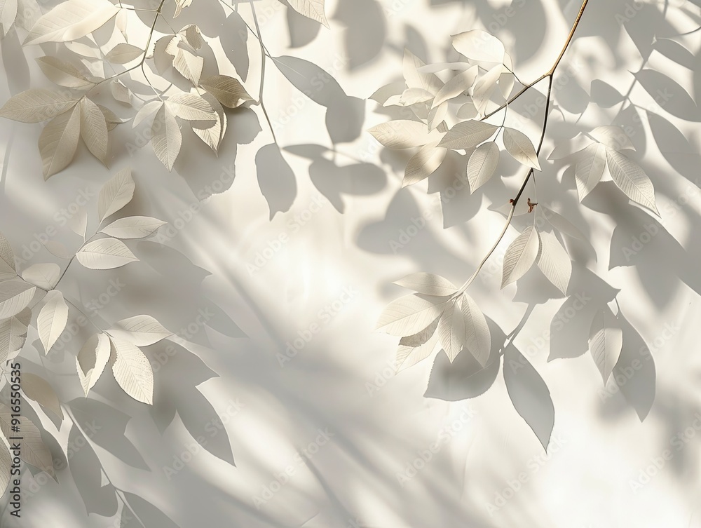 Creating soft and intricate leaf shadows on a white background, emphasizing the use of light and shadow to evoke a serene and natural atmosphere, blending simplicity and complexity through the pattern Creating soft and intricate leaf shadows on a white background, emphasizing the use of light and shadow to evoke a serene and natural atmosphere, blending simplicity and complexity through the pattern