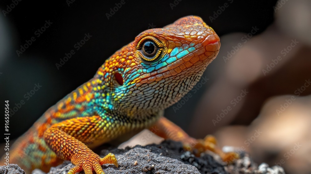 Vibrant orange and blue lizard close-up. Vibrant orange and blue lizard close-up.
