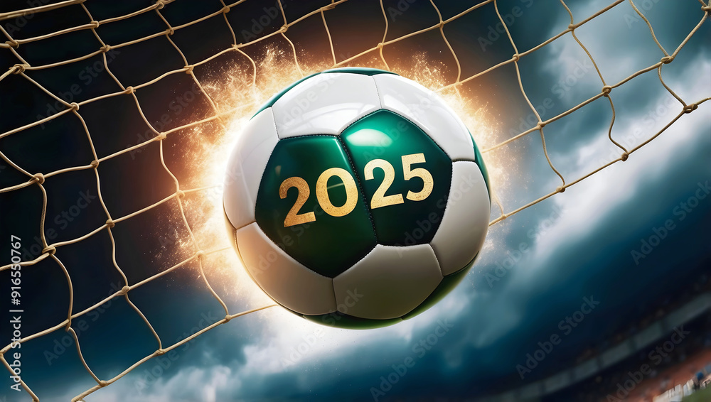 happy new 2025 year soccer themed, football background, sport concept, template, soccer field