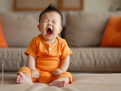 A close-up portrait of a baby sitting on a couch wearing an orange jumpsuit, with his mouth open and a cute expression.