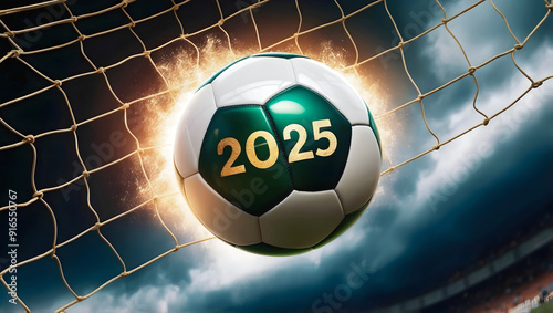 Obraz na płótnie happy new 2025 year soccer themed, football background, sport concept, template, soccer field w salonie