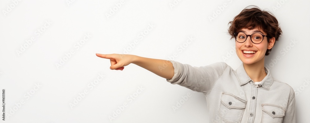 A cheerful individual enthusiastically points in a positive direction A cheerful individual enthusiastically points in a positive direction