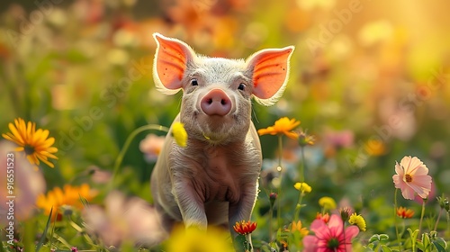 Wallpaper Mural A Teacup Pig with an abstract meadow background, vibrant greens and colorful wildflowers, creating a lively and playful atmosphere, hd quality, natural look. --ar 16:9 --v 6.0 --s 250 --style raw Torontodigital.ca