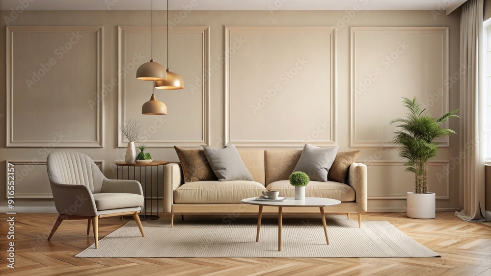 Cozy beige room interior with chair and sofa, room, interior, beige, chair, sofa, cozy, modern, design, home, comfortable Cozy beige room interior with chair and sofa, room, interior, beige, chair, sofa, cozy, modern, design, home, comfortable