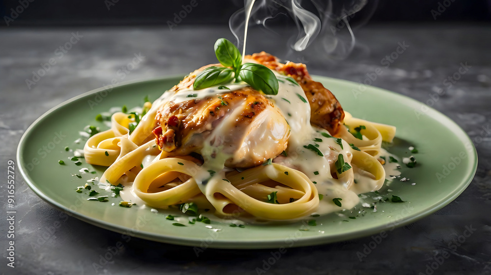 Creamy pasta dish with grilled chicken and rich alfredo sauce Creamy pasta dish with grilled chicken and rich alfredo sauce