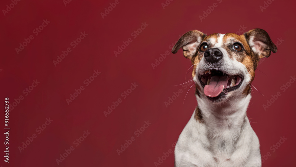 A close-up portrait of a Jack Russell Terrier with its tongue out, looking up against a solid red background. A close-up portrait of a Jack Russell Terrier with its tongue out, looking up against a solid red background.