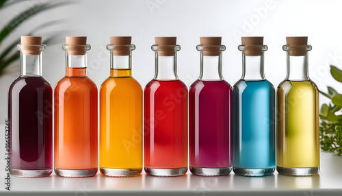 Colorful glass bottles filled with vibrant liquids displayed on a countertop in bright lighting