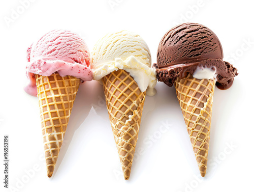 Three ice cream cones, each with a different flavor, melting on a white background.