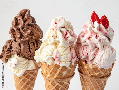 Three ice cream cones with chocolate, vanilla, and strawberry flavors in a closeup view on a white background.