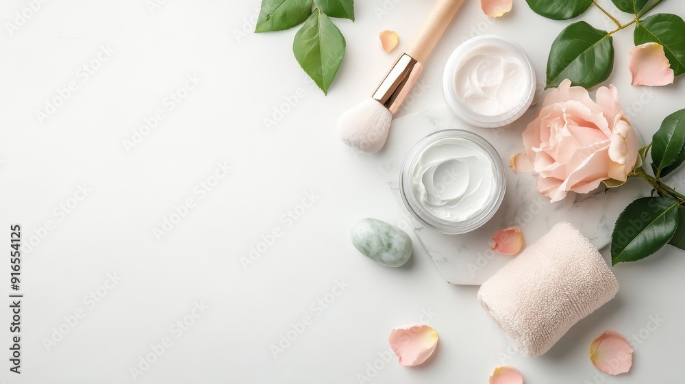 Luxurious spa scene with face mask, jade roller, and rose quartz gua sha on marble. Luxurious spa scene with face mask, jade roller, and rose quartz gua sha on marble.