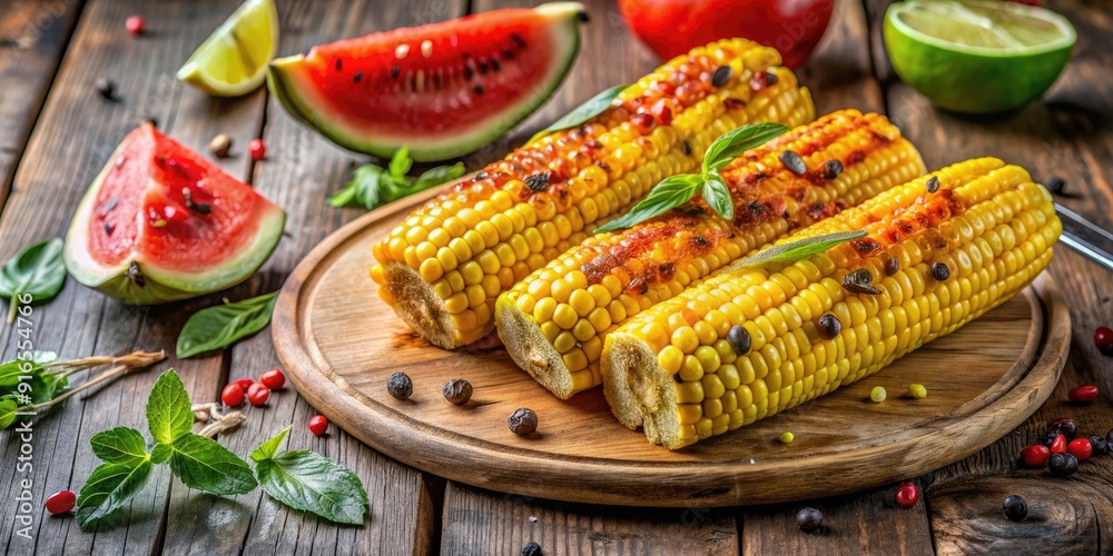Grilled corn on the cob with watermelon and spices on a rustic wooden table, barbecue, summer, food, fresh, tasty, healthy Grilled corn on the cob with watermelon and spices on a rustic wooden table, barbecue, summer, food, fresh, tasty, healthy