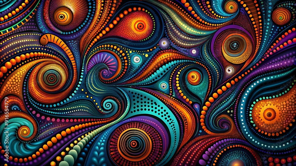 The image showcases a vibrant and intricate abstract pattern composed of swirling lines, dots, and shapes in various colors. The image showcases a vibrant and intricate abstract pattern composed of swirling lines, dots, and shapes in various colors.