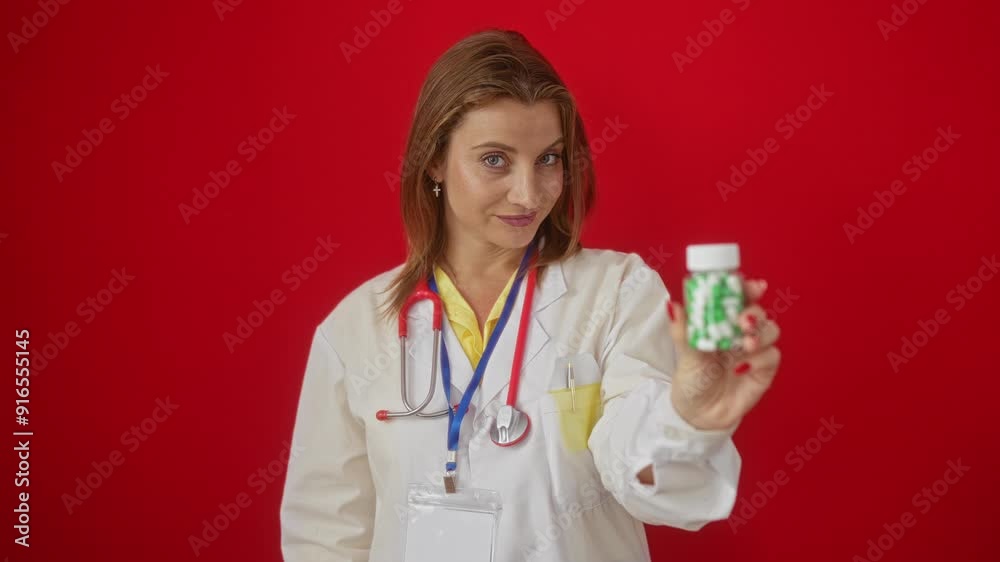 A beautiful young woman doctor holding a bottle of pills stands against an isolated red background wall, wearing a white coat and stethoscope. A beautiful young woman doctor holding a bottle of pills stands against an isolated red background wall, wearing a white coat and stethoscope.