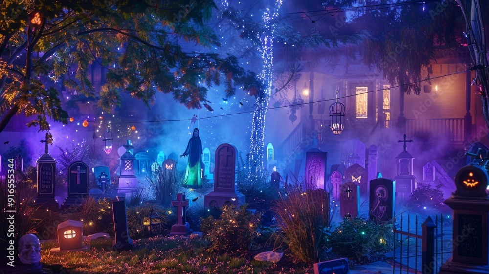 Obraz premium Enchanting Halloween Night in a Spooky Backyard Graveyard With Colorful Lights