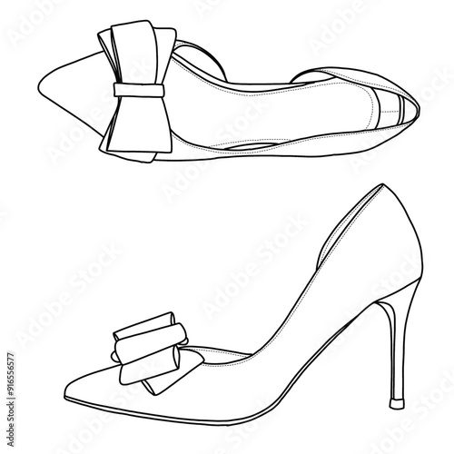 Women's Bow Heels Closed Pointed Toe Dress Shoes Stiletto Slip on Line Art, Technical sketch hand drawing outline vector doodle illustration, top and side view isolated on white background