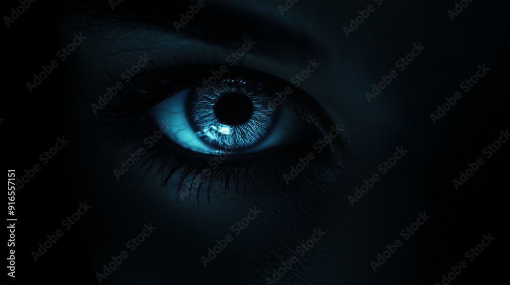 Close-Up of a Mysterious Blue Eye in Darkness, Intense Gaze Close-Up of a Mysterious Blue Eye in Darkness, Intense Gaze