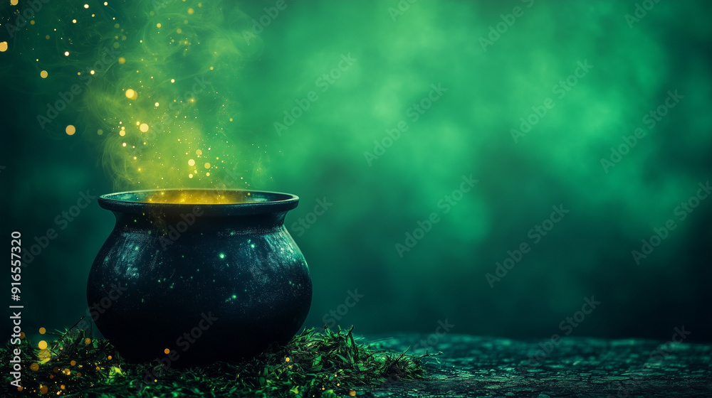 Magical Black Cauldron with Glowing Green Mist and Sparks for Halloween Magical Black Cauldron with Glowing Green Mist and Sparks for Halloween