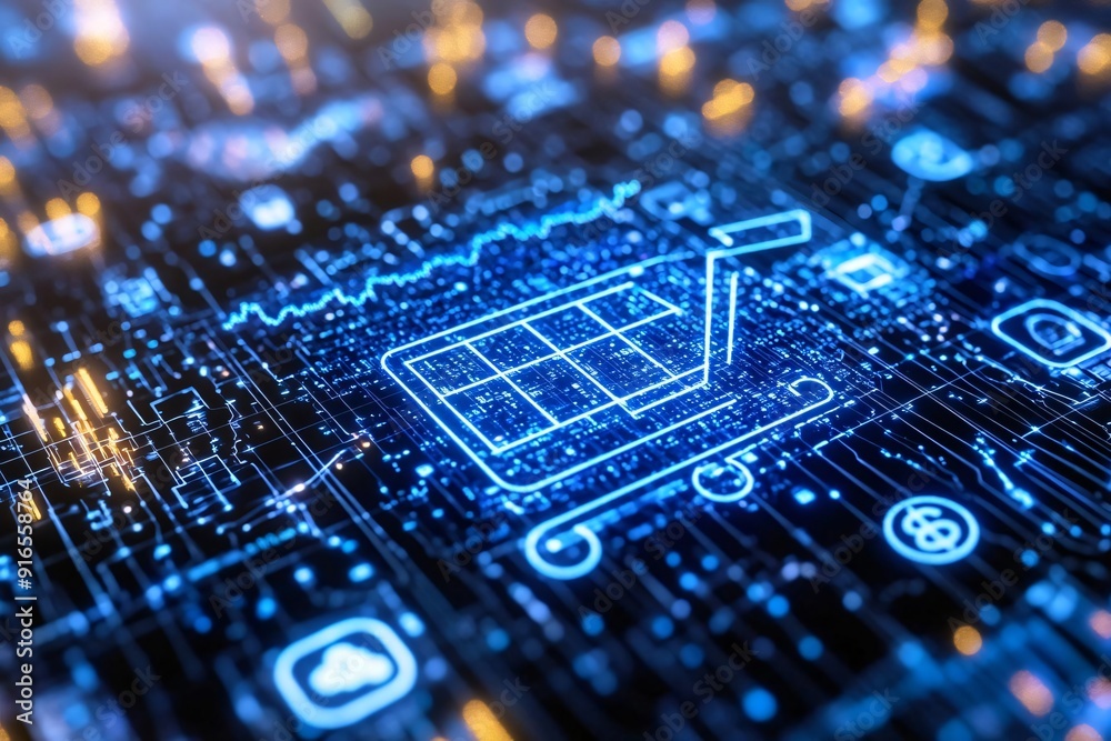 Futuristic digital cart icon on a circuit board background, symbolizing online shopping and e-commerce innovation.