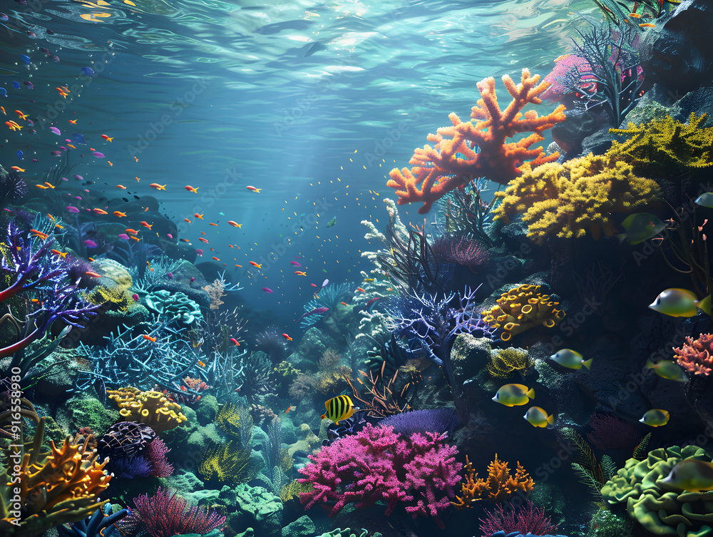Fototapeta premium A vibrant underwater scene showcasing a colorful coral reef teeming with marine life.