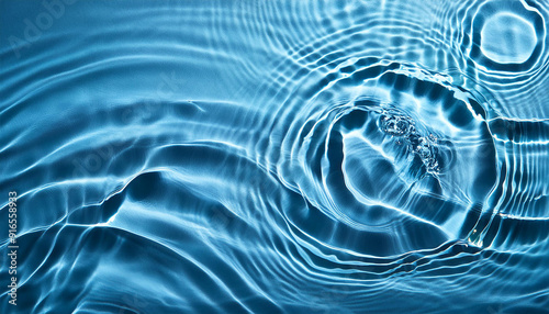 青い水面に広がる波紋が美しく描かれた画像です。水滴が落ちた瞬間に生じた円形の波紋が、静かな水面に繊細な模様を作り出しています。このシーンは、自然の静けさやリラクゼーション、調和を象徴しています。generative AI