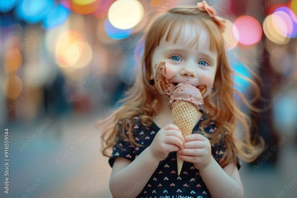Little one smiles while eating ice cream. Carefree girl is full of laughter and plays sun. Innocence and laughter symbols of carefree life. Little one smiles while eating ice cream. Carefree girl is full of laughter and plays sun. Innocence and laughter symbols of carefree life.