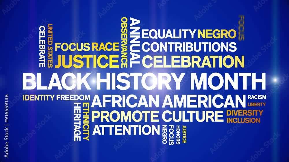 Black History Month animated word cloud;text design animation tag kinetic typography seamless loop.