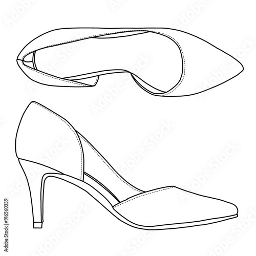 Women's Dress High Heels Pumps Closed Pointed Toe Stiletto Shoes Line Art, Technical sketch hand drawing outline vector doodle illustration, top and side view isolated on white background