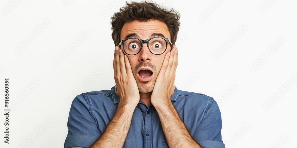 A man expresses surprise by holding his face with both hands A man expresses surprise by holding his face with both hands