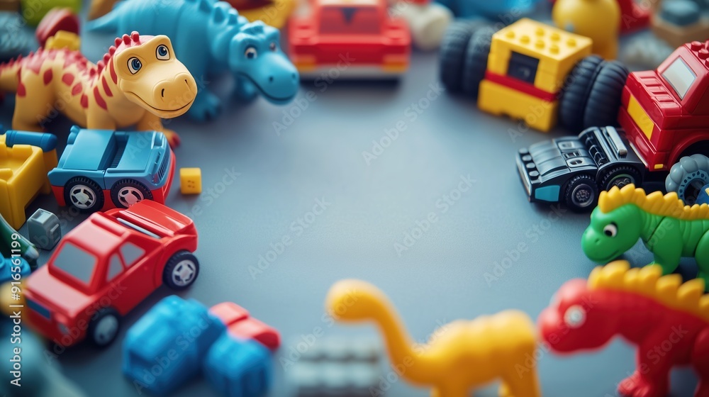Obraz premium Playful arrangement of toy dinosaurs, cars, and trucks creating a vibrant circle. Ideal for children's product advertising or toy-themed designs.