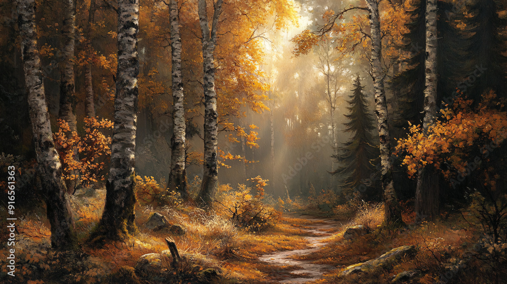 Obraz premium A serene autumn scene in the forest with colorful foliage and fallen leaves. Ideal for nature-related content and seasonal promotions.