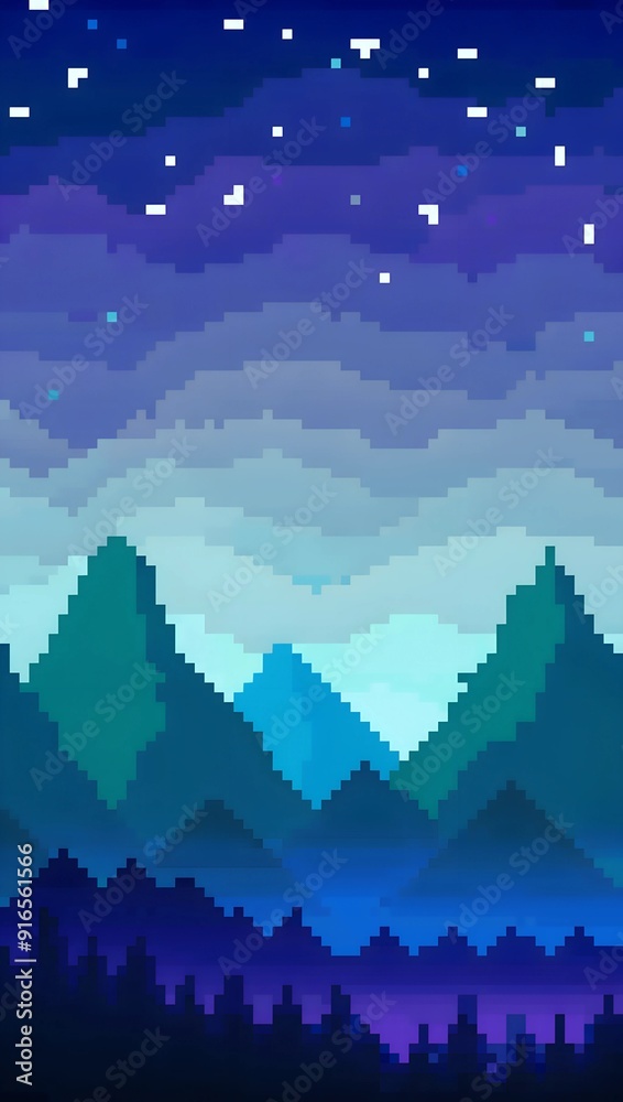 Fototapeta premium Night landscape with mountains and stars pixel art background. 8-bit game assets