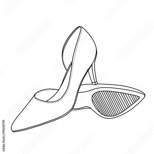 Women's Dress High Heels Pumps Closed Pointed Toe Stiletto Shoes Line Art, Technical sketch hand drawing outline vector doodle illustration,side and bottom view isolated on white background