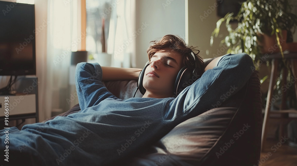 Obraz premium Teenager Relaxing at Home While Listening to Music