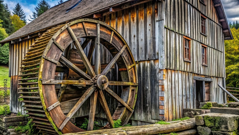 Old weathered wooden water wheel on a rustic house, rustic, vintage, historic, architecture, countryside, rural Old weathered wooden water wheel on a rustic house, rustic, vintage, historic, architecture, countryside, rural