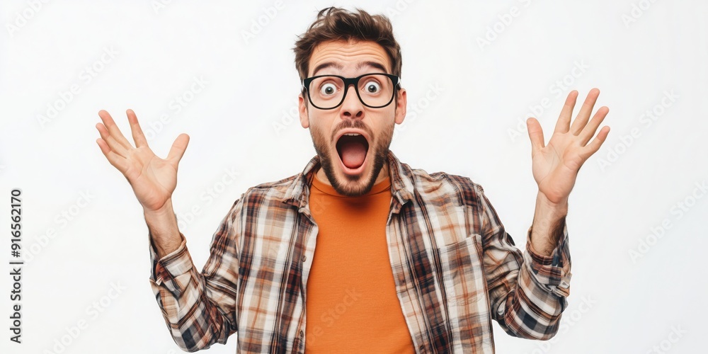Naklejka premium A man displays a look of surprise and excitement with raised hands