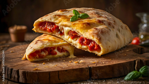 Calzone folded pizza cut in half on a wooden board, revealing its filling photo