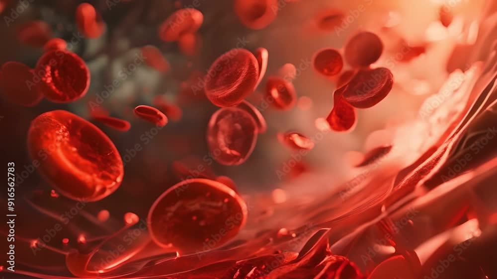 Close-up view of red blood cells flowing through an artery, illustrating the essential functions of the human circulatory system. Close-up view of red blood cells flowing through an artery, illustrating the essential functions of the human circulatory system.