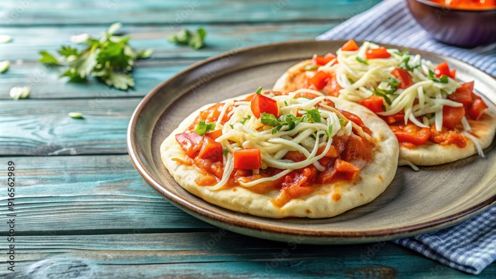 Pupusa topped with shredded cabbage, tomato sauce on a plate, Pupusa, fried tortilla, stuffed, cheese, cabbage Pupusa topped with shredded cabbage, tomato sauce on a plate, Pupusa, fried tortilla, stuffed, cheese, cabbage