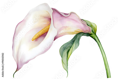 Fototapeta Naklejka Na Ścianę i Meble -  Single calla lily flower watercolor illustration isolated on white background